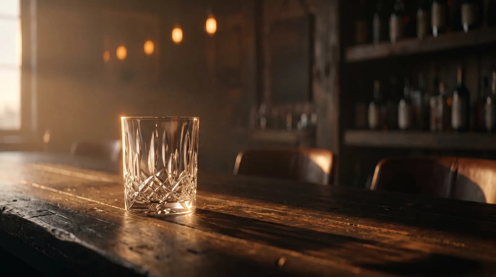 An empty cut-crystal rocks glass waiting on a dark reclaimed-wood bar