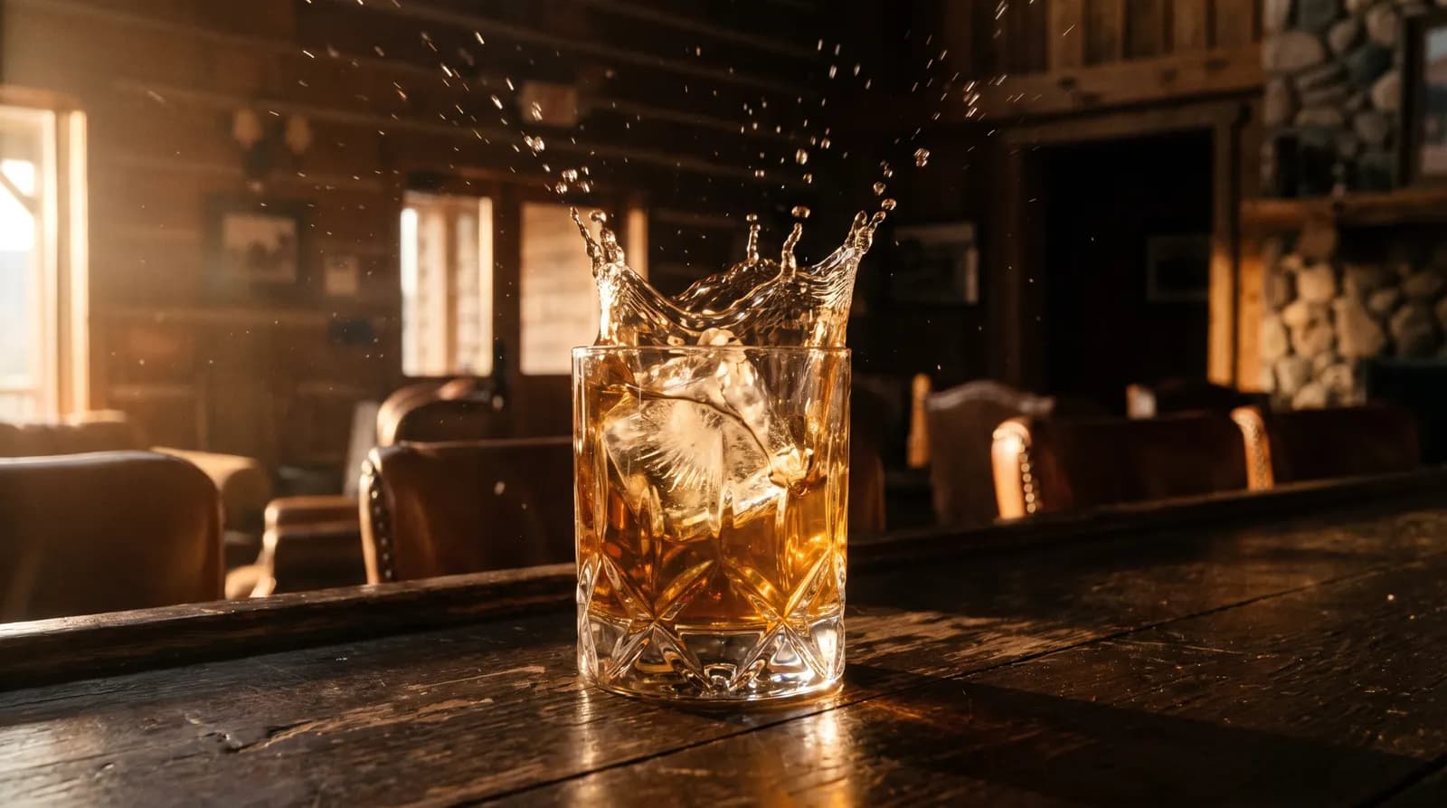 A clear ice cube splashing into amber whiskey