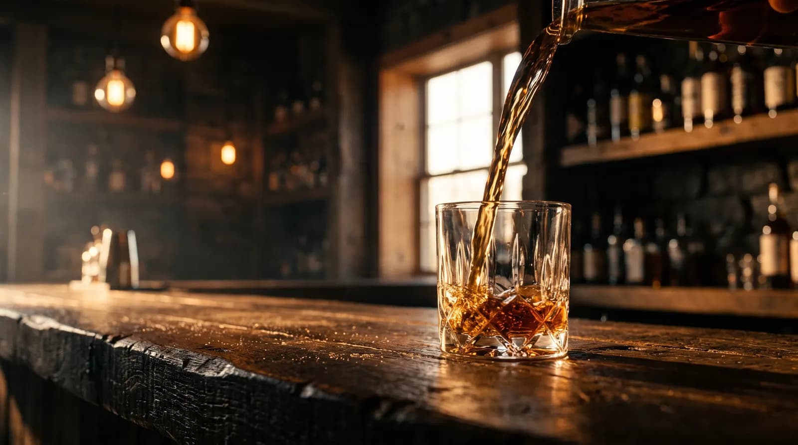 Amber whiskey pouring into a crystal rocks glass